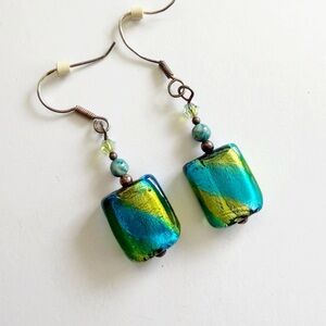Vintage Glass Turquoise Yellow Green Square Art Deco Boho Casual Dangle Earrings
